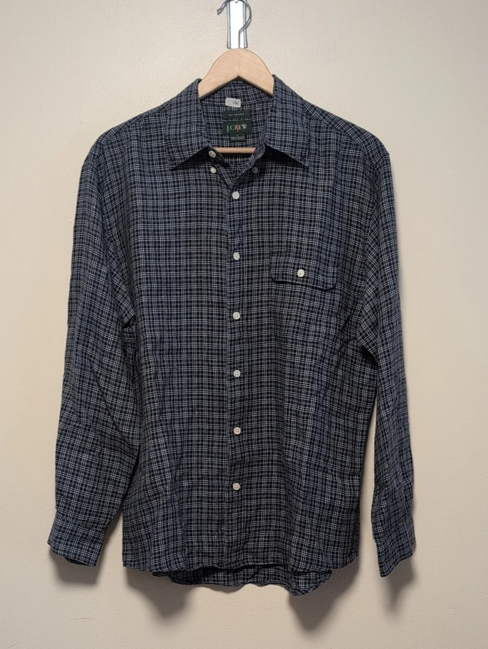 Vintage J.Crew Oarsman Irish Linen Shirt Blue Plaid Button Up Large